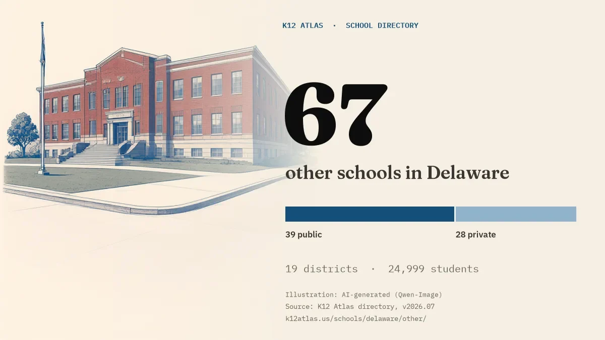 67 other schools in Delaware: 39 public and 28 private, across 19 districts with 24,999 students.