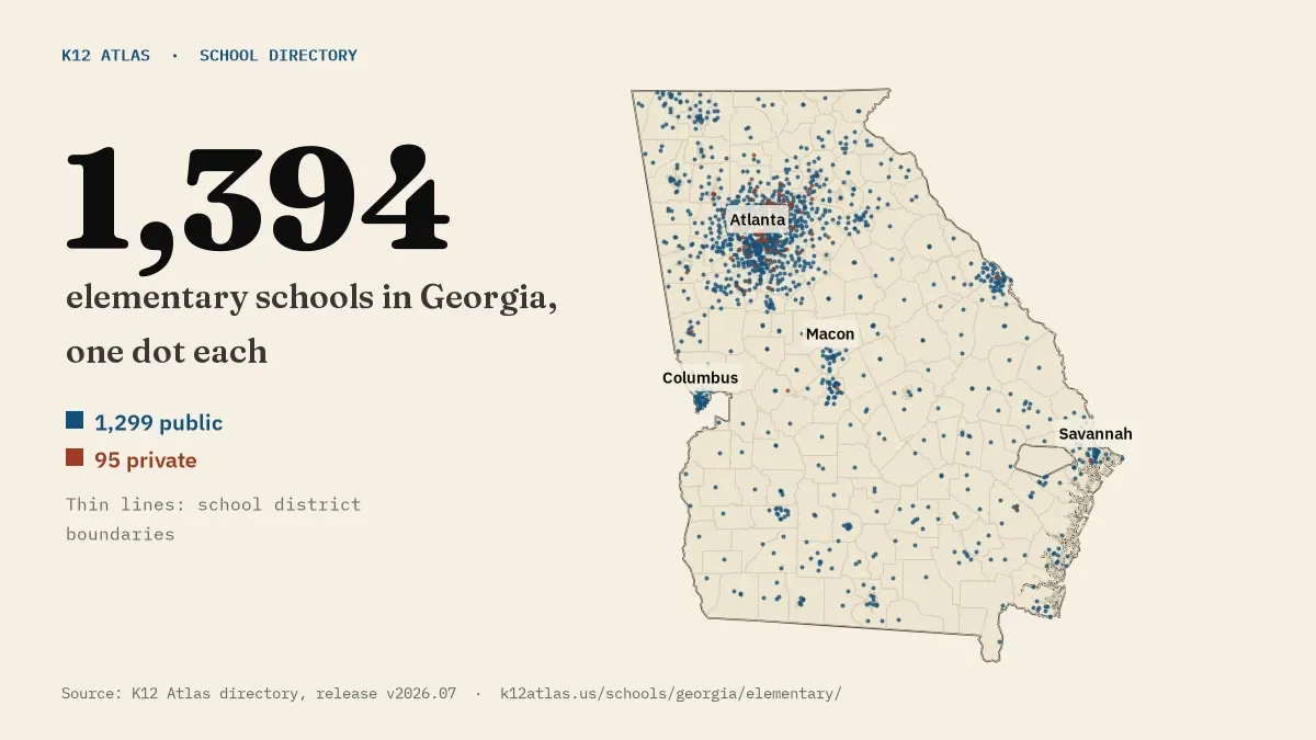 Map of Georgia with one dot for each of its 1,394 mapped elementary schools, over school district boundaries.