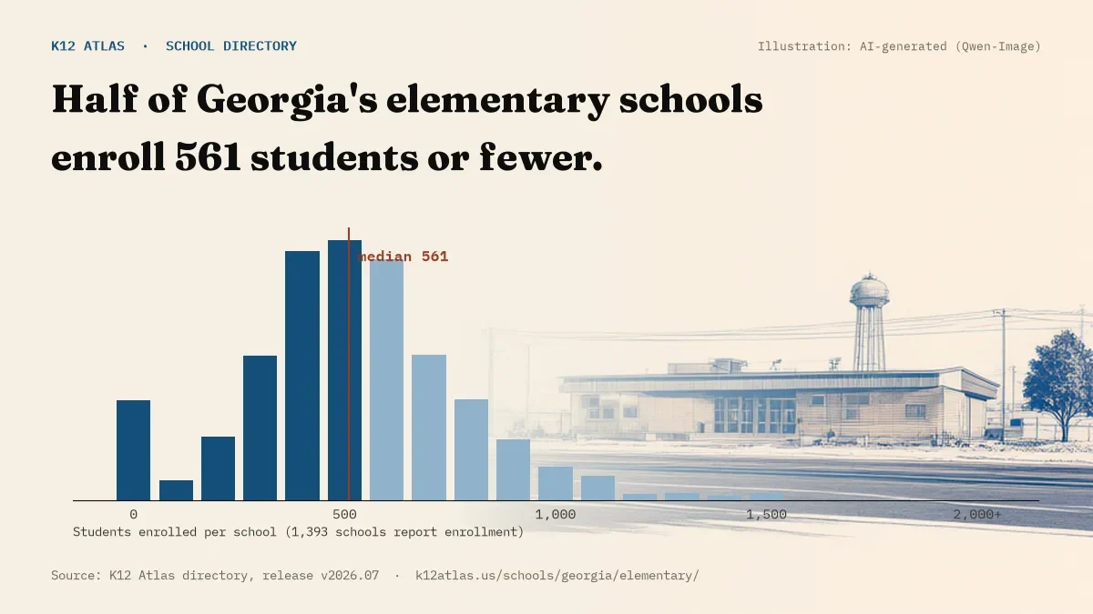 Histogram of enrollment: half of Georgia's elementary schools enroll 561 students or fewer (1,393 schools report enrollment).