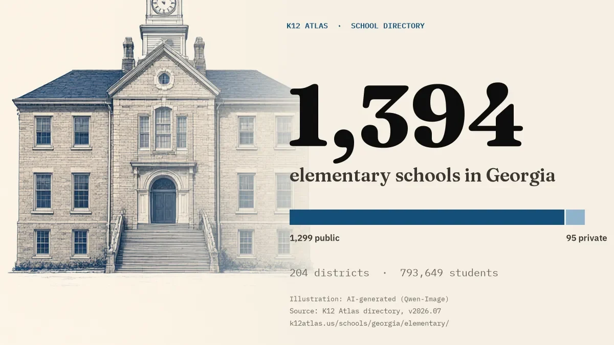 1,394 elementary schools in Georgia: 1,299 public and 95 private, across 204 districts with 793,649 students.