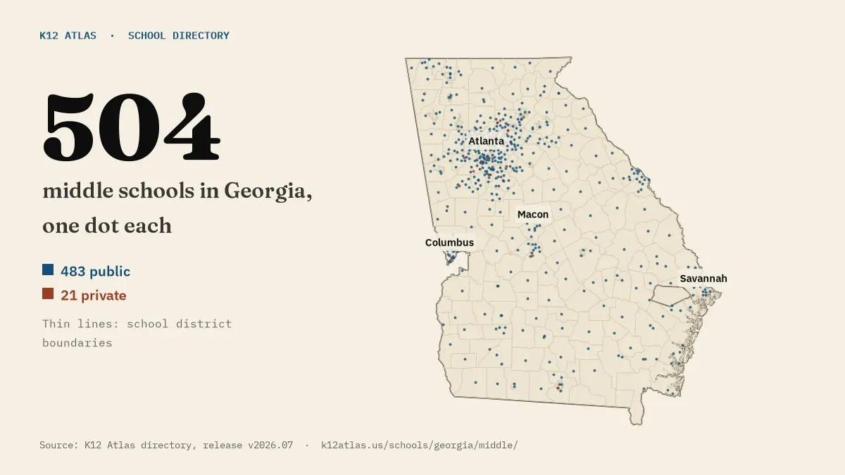 Map of Georgia with one dot for each of its 504 mapped middle schools, over school district boundaries.