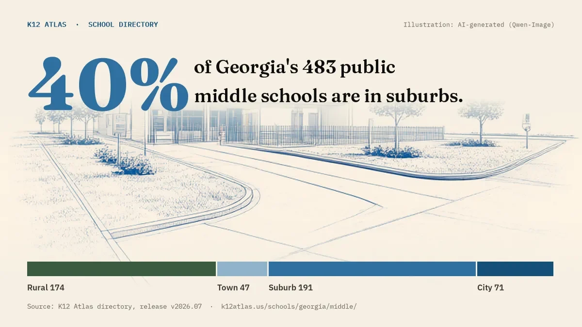 40% of Georgia's 483 public middle schools are in suburbs (rural 174, town 47, suburb 191, city 71).