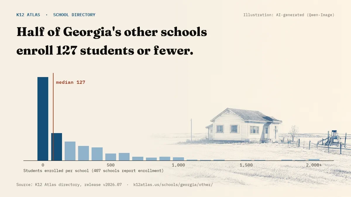 Histogram of enrollment: half of Georgia's other schools enroll 127 students or fewer (407 schools report enrollment).