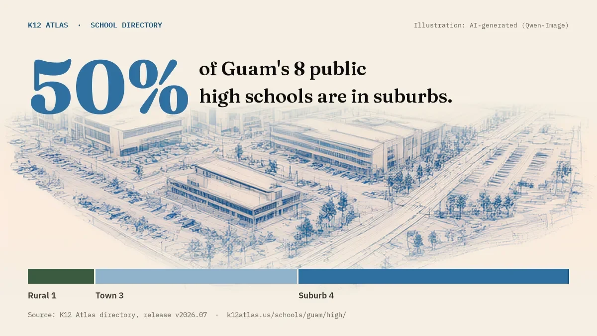50% of Guam's 8 public high schools are in suburbs (rural 1, town 3, suburb 4, city 0).