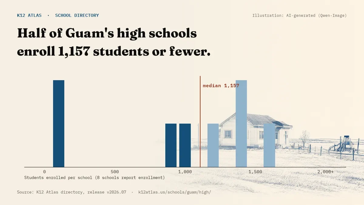Histogram of enrollment: half of Guam's high schools enroll 1,157 students or fewer (8 schools report enrollment).