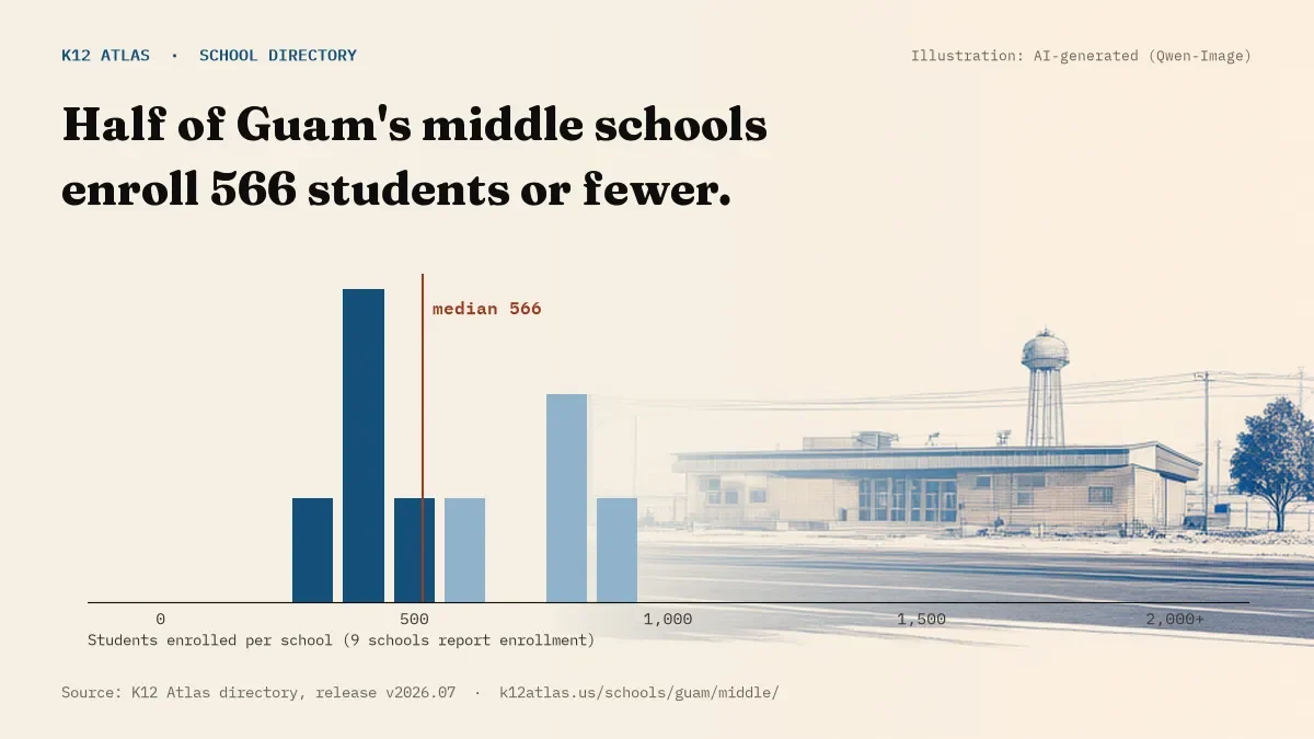 Histogram of enrollment: half of Guam's middle schools enroll 566 students or fewer (9 schools report enrollment).