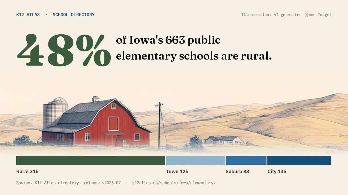 48% of Iowa's 663 public elementary schools are rural (rural 315, town 125, suburb 88, city 135).