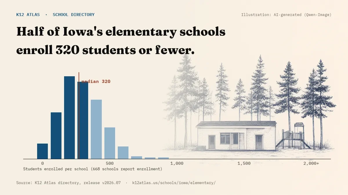 Histogram of enrollment: half of Iowa's elementary schools enroll 320 students or fewer (668 schools report enrollment).