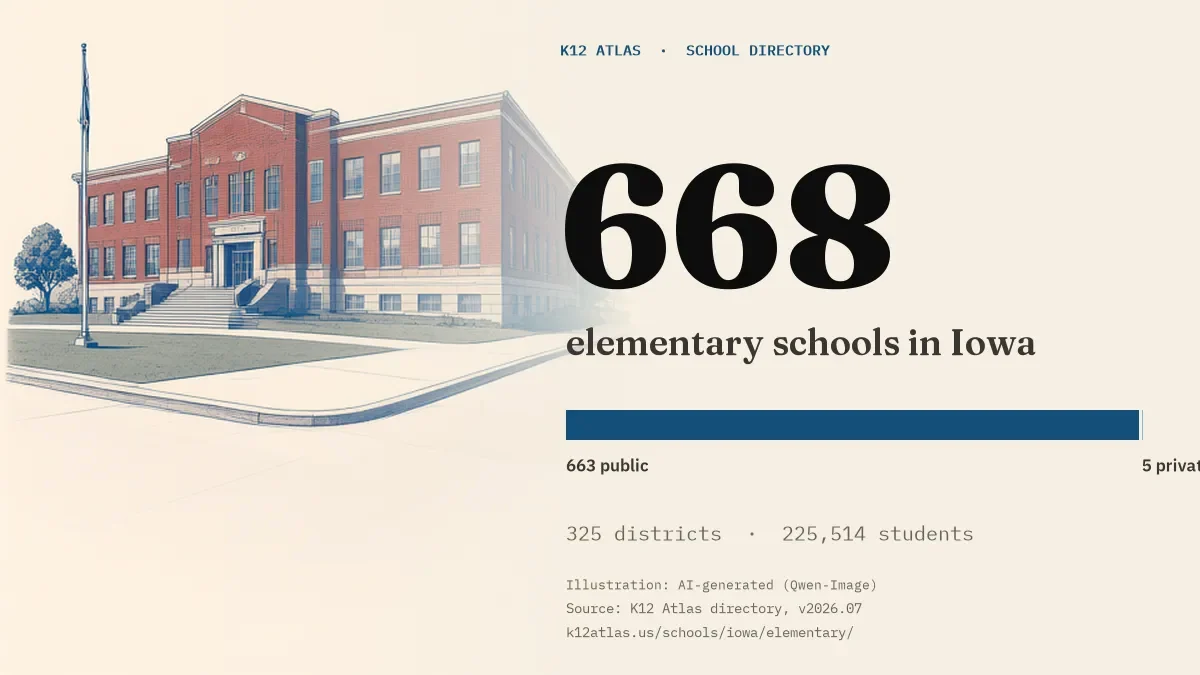 668 elementary schools in Iowa: 663 public and 5 private, across 325 districts with 225,514 students.