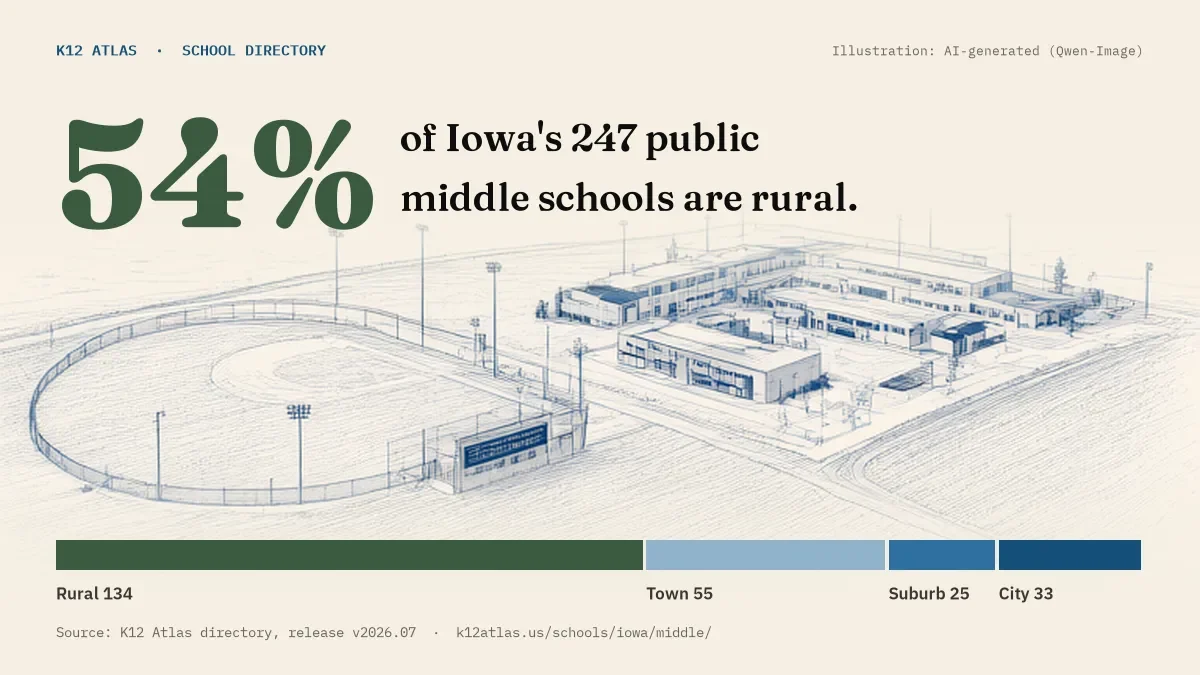 54% of Iowa's 247 public middle schools are rural (rural 134, town 55, suburb 25, city 33).
