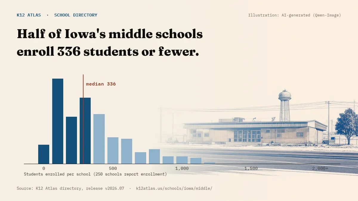 Histogram of enrollment: half of Iowa's middle schools enroll 336 students or fewer (250 schools report enrollment).