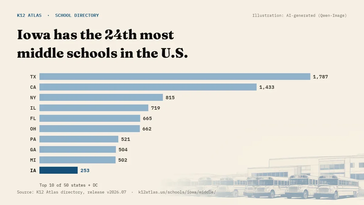 Bar chart of the states with the most middle schools: Iowa has the 24th most of the 50 states and DC, with 253.