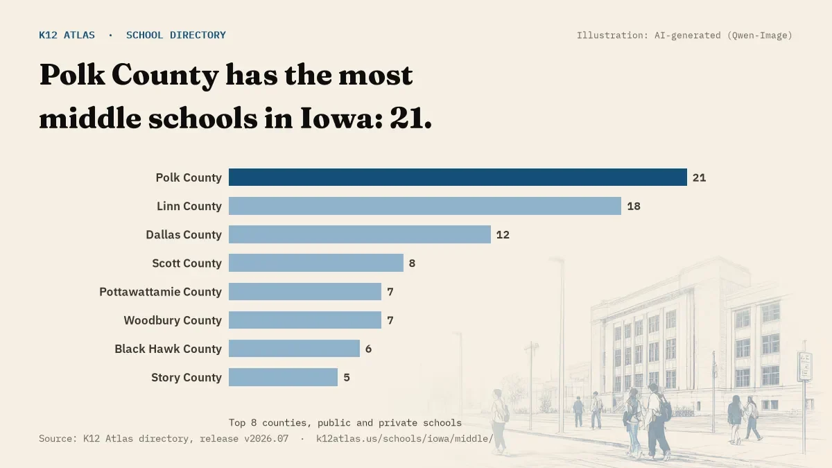 Bar chart of Iowa counties by number of middle schools: Polk County has the most, 21.