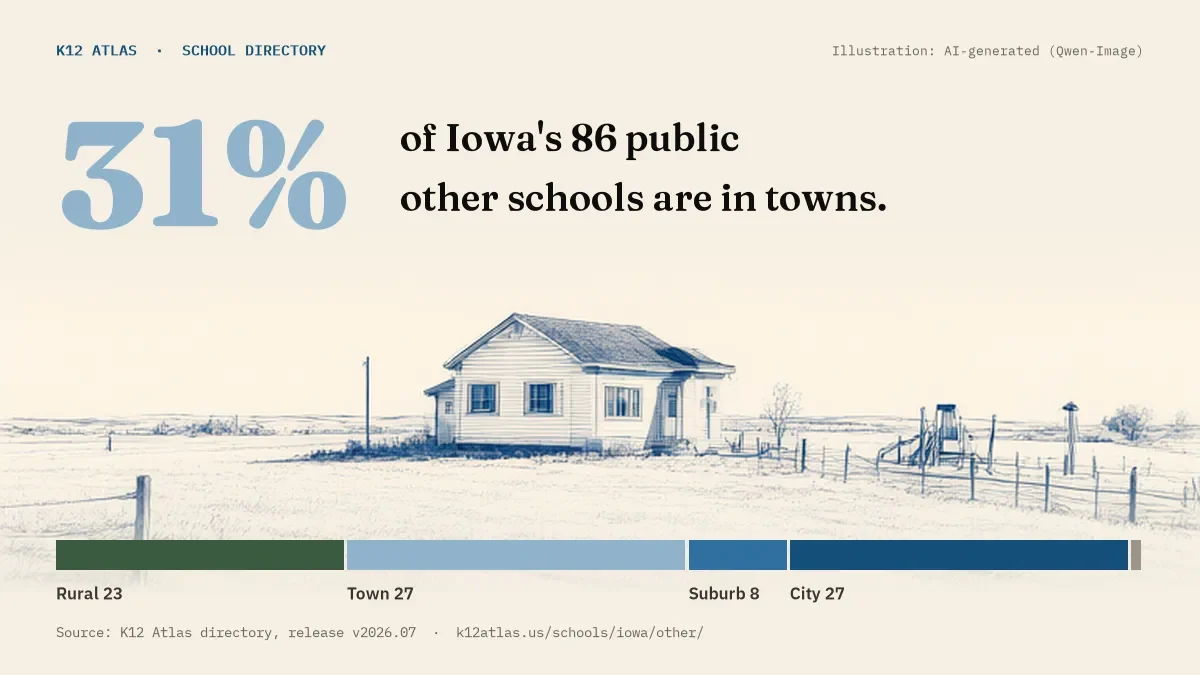 31% of Iowa's 86 public other schools are in towns (rural 23, town 27, suburb 8, city 27).