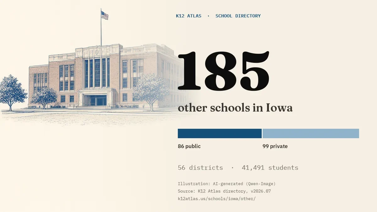 185 other schools in Iowa: 86 public and 99 private, across 56 districts with 41,491 students.