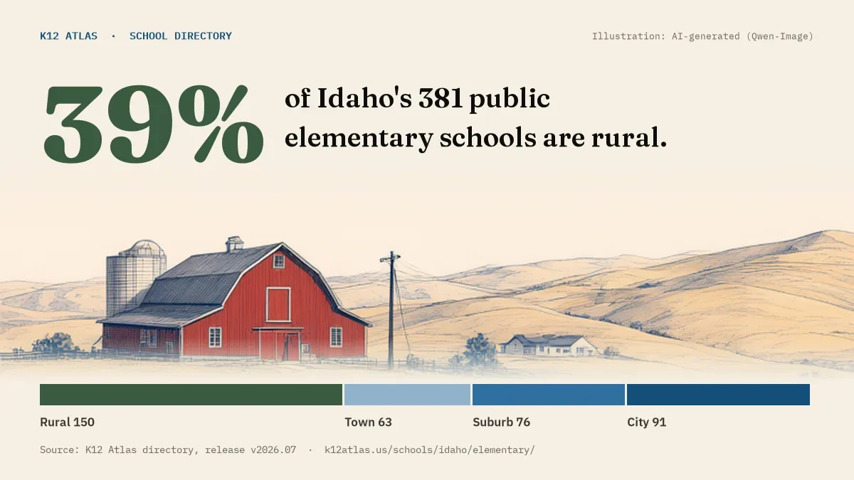 39% of Idaho's 381 public elementary schools are rural (rural 150, town 63, suburb 76, city 91).