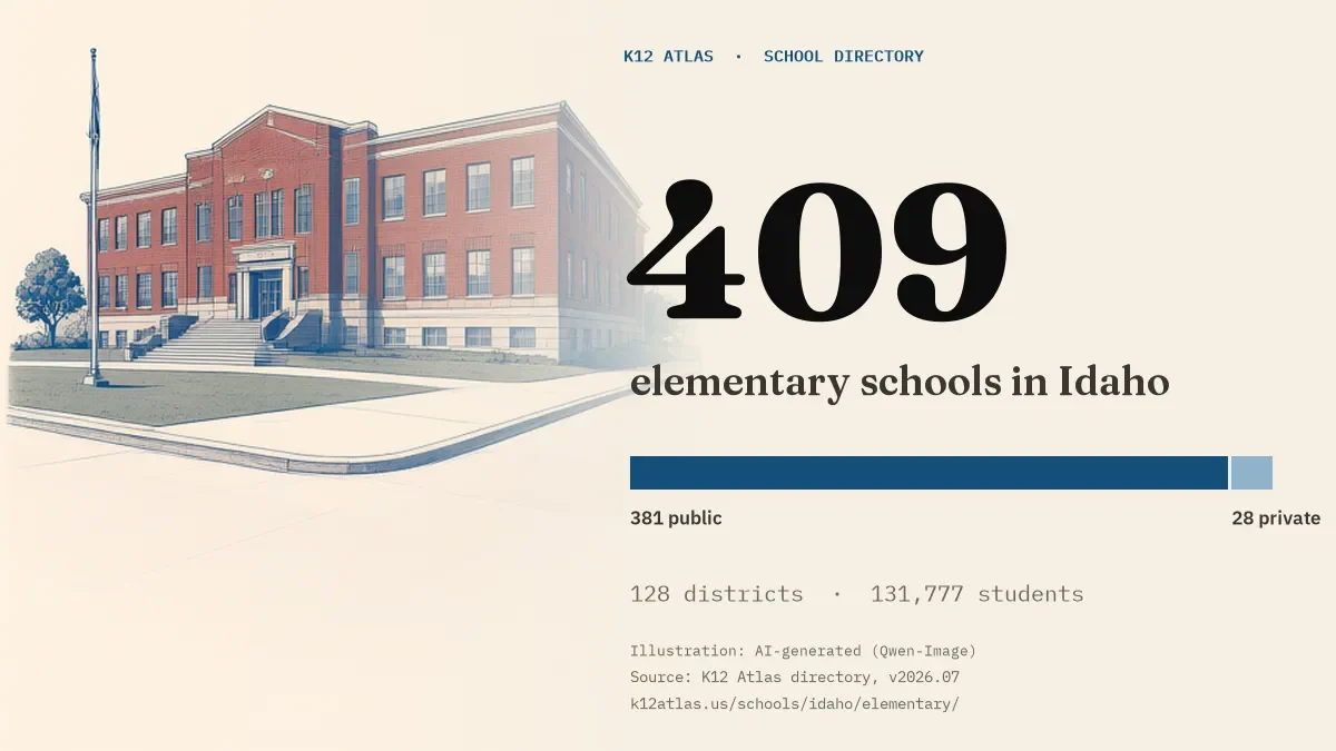 409 elementary schools in Idaho: 381 public and 28 private, across 128 districts with 131,777 students.