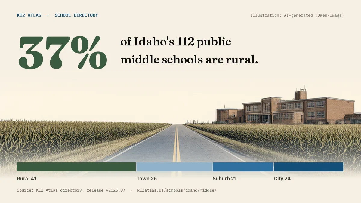 37% of Idaho's 112 public middle schools are rural (rural 41, town 26, suburb 21, city 24).