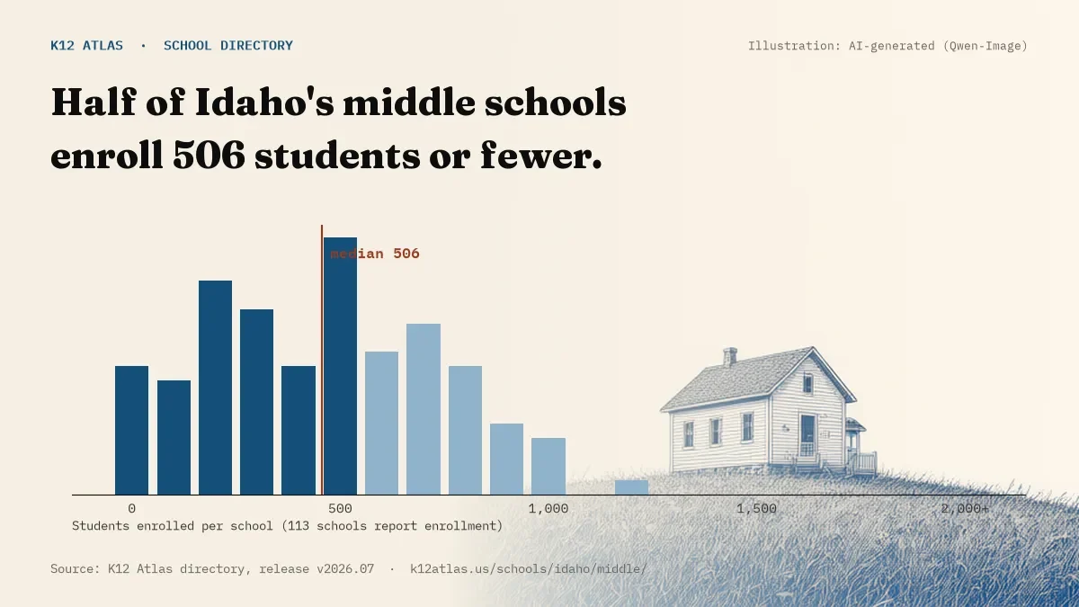 Histogram of enrollment: half of Idaho's middle schools enroll 506 students or fewer (113 schools report enrollment).