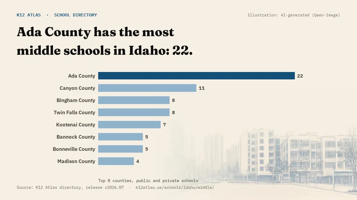 Bar chart of Idaho counties by number of middle schools: Ada County has the most, 22.