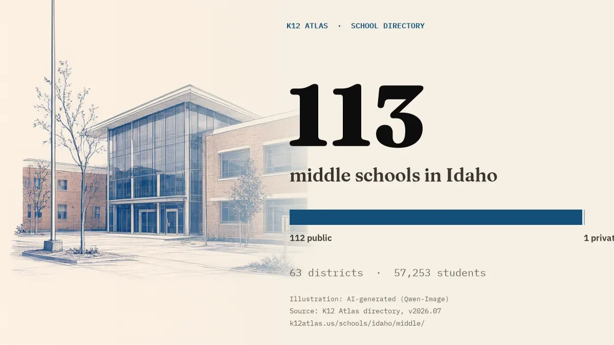 113 middle schools in Idaho: 112 public and 1 private, across 63 districts with 57,253 students.