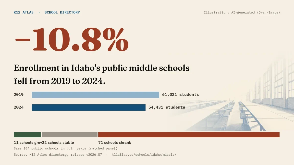 Enrollment in Idaho's public middle schools fell 10.8% from 2019 to 2024, 61,021 to 54,431 students in the same 104 schools; 11 grew and 71 shrank.