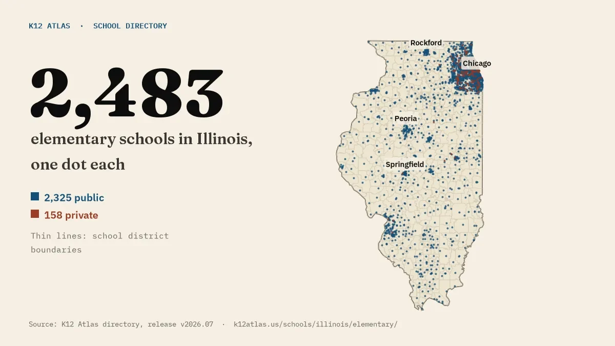 Map of Illinois with one dot for each of its 2,483 mapped elementary schools, over school district boundaries.