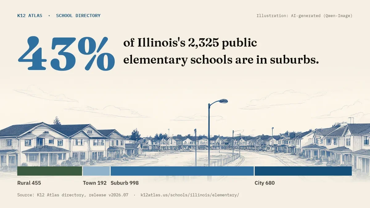 43% of Illinois's 2,325 public elementary schools are in suburbs (rural 455, town 192, suburb 998, city 680).