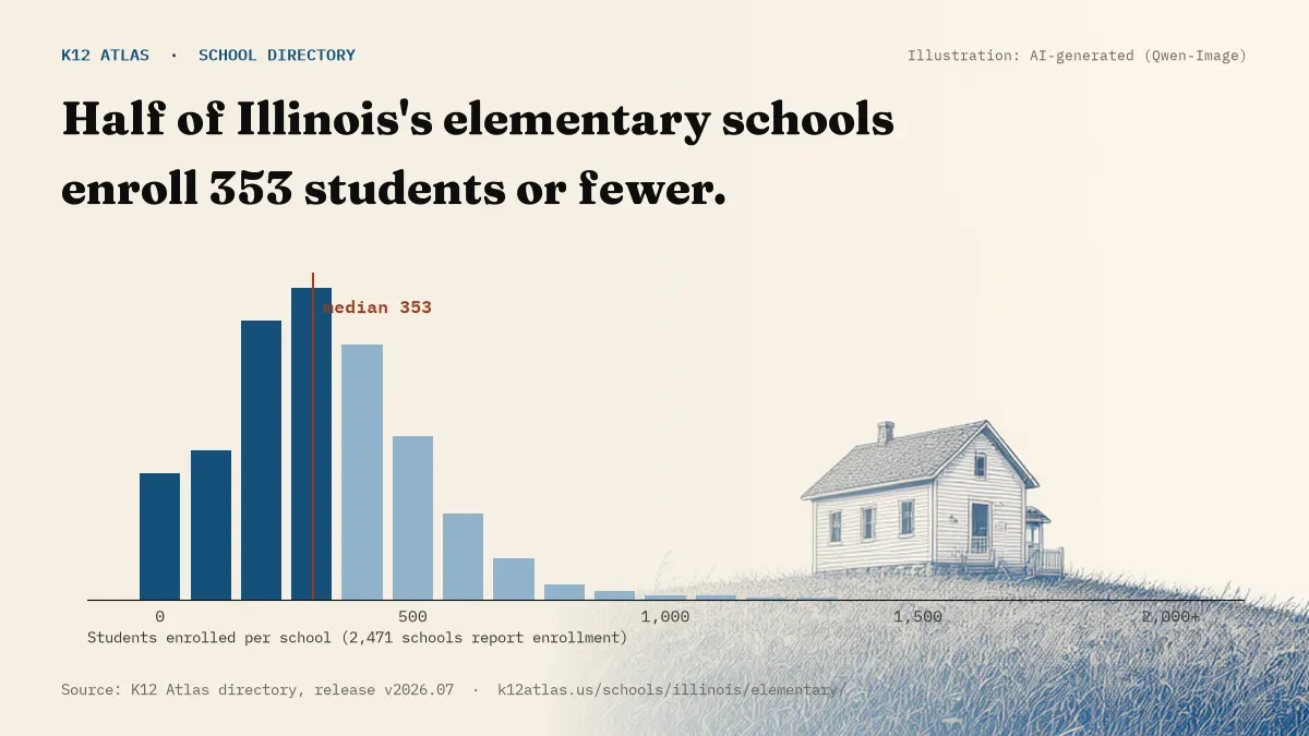 Histogram of enrollment: half of Illinois's elementary schools enroll 353 students or fewer (2,471 schools report enrollment).