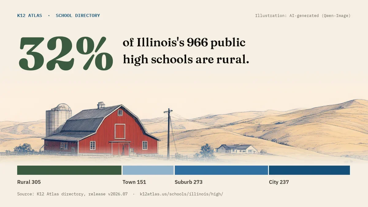 32% of Illinois's 966 public high schools are rural (rural 305, town 151, suburb 273, city 237).