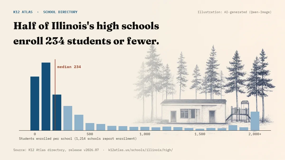 Histogram of enrollment: half of Illinois's high schools enroll 234 students or fewer (1,214 schools report enrollment).
