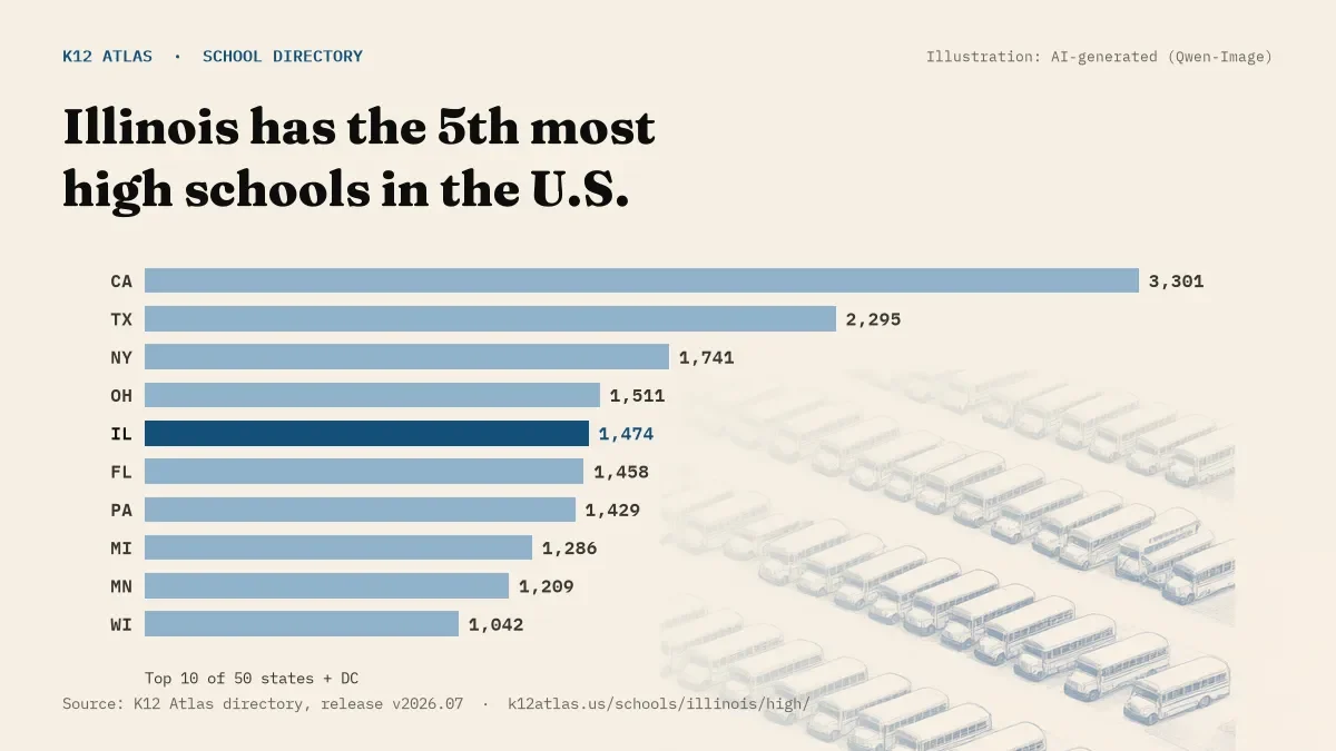 Bar chart of the states with the most high schools: Illinois has the 5th most of the 50 states and DC, with 1,474.