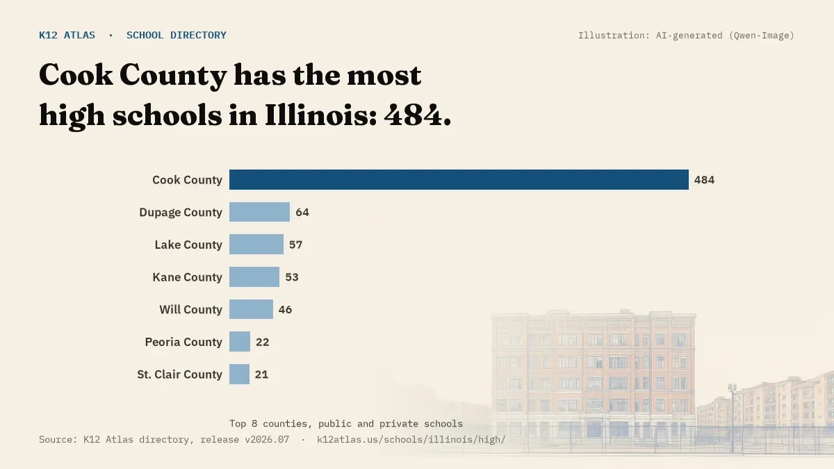Bar chart of Illinois counties by number of high schools: Cook County has the most, 484.