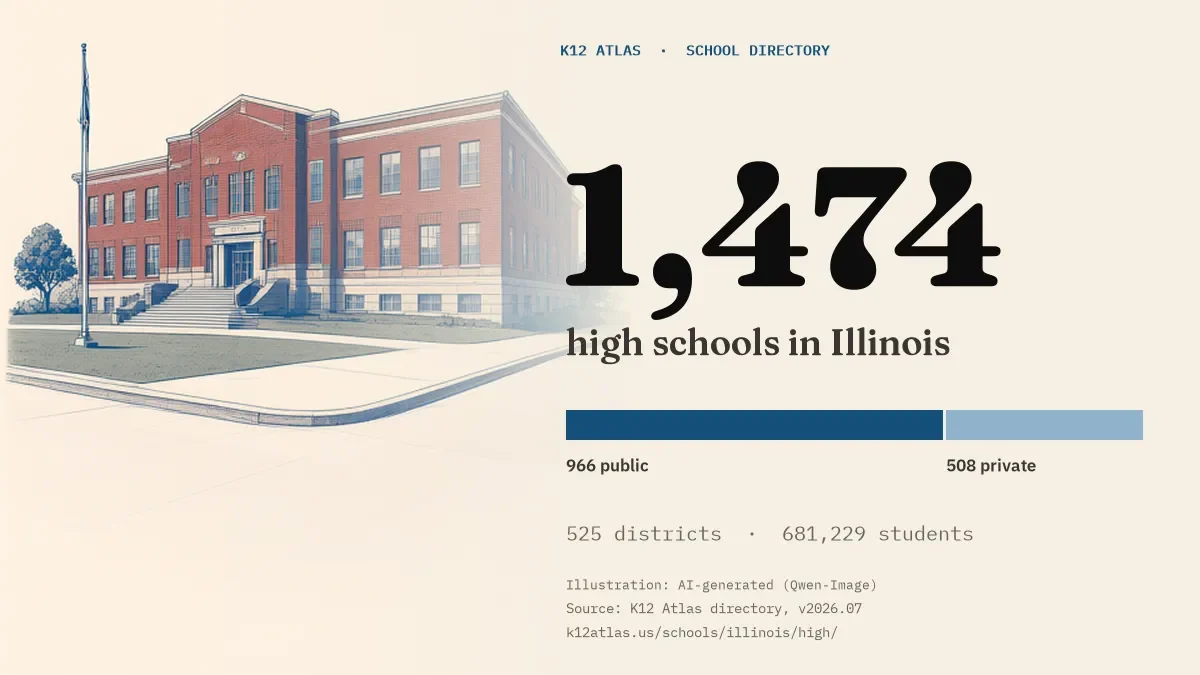 1,474 high schools in Illinois: 966 public and 508 private, across 525 districts with 681,229 students.