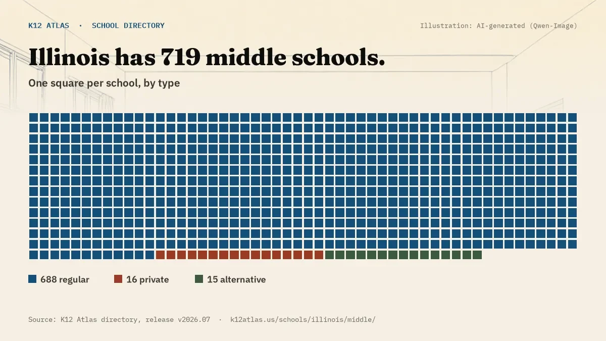 Waffle chart: Illinois has 719 middle schools, one square per school, coloured by type (Regular School 688, Private School 16, Alternative School 15).