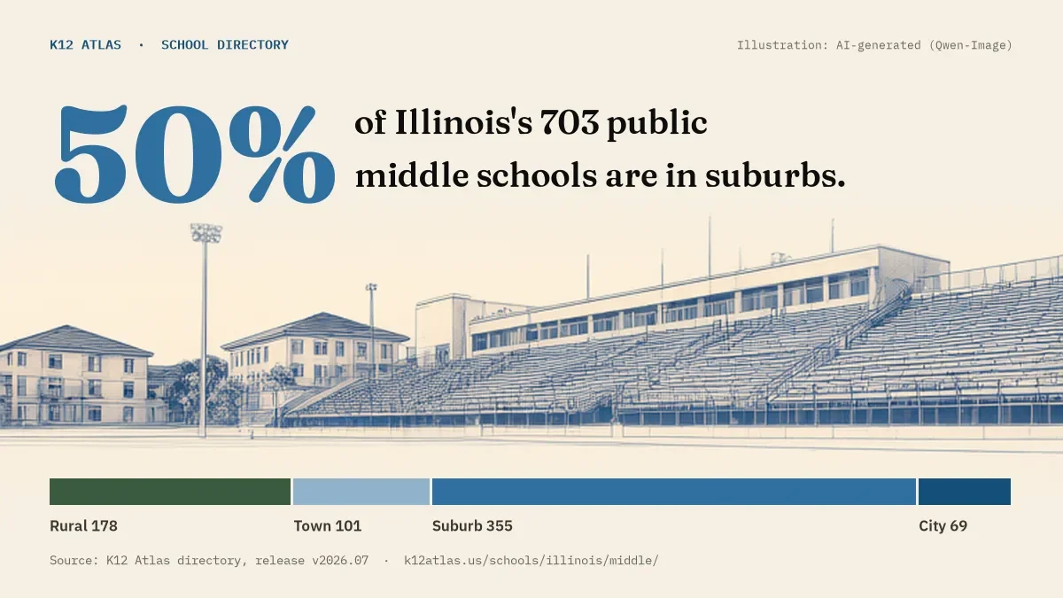 50% of Illinois's 703 public middle schools are in suburbs (rural 178, town 101, suburb 355, city 69).