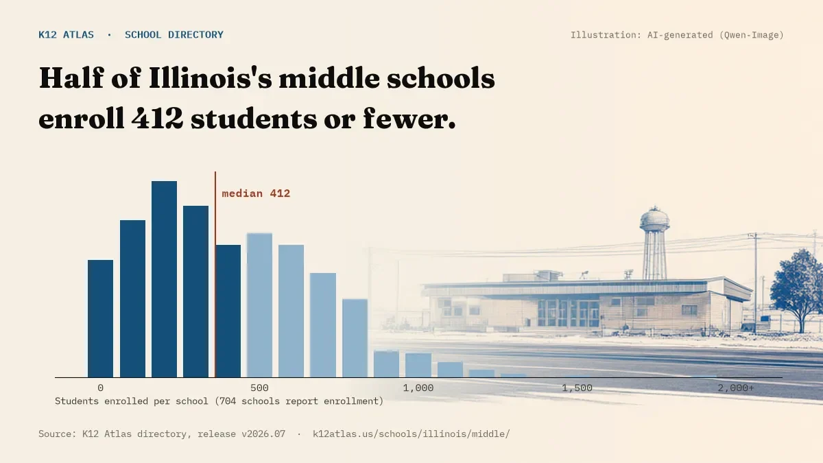 Histogram of enrollment: half of Illinois's middle schools enroll 412 students or fewer (704 schools report enrollment).