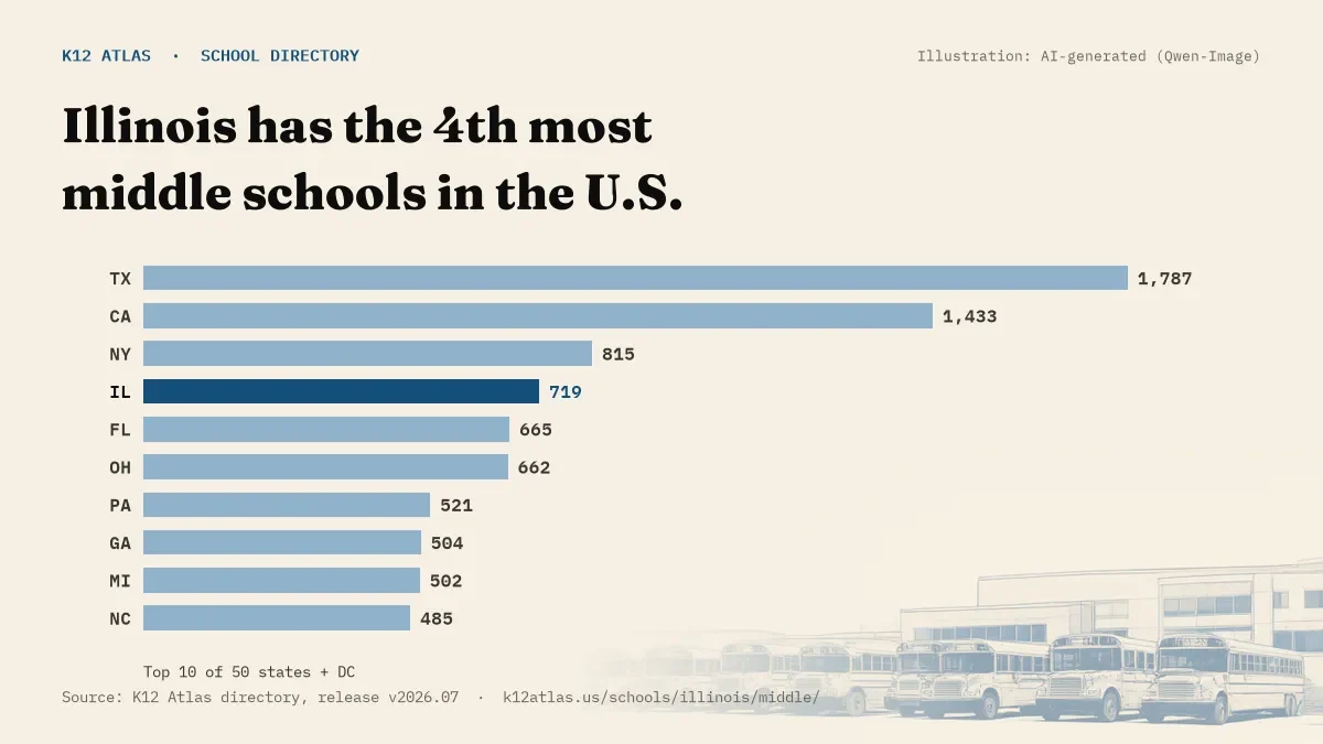 Bar chart of the states with the most middle schools: Illinois has the 4th most of the 50 states and DC, with 719.
