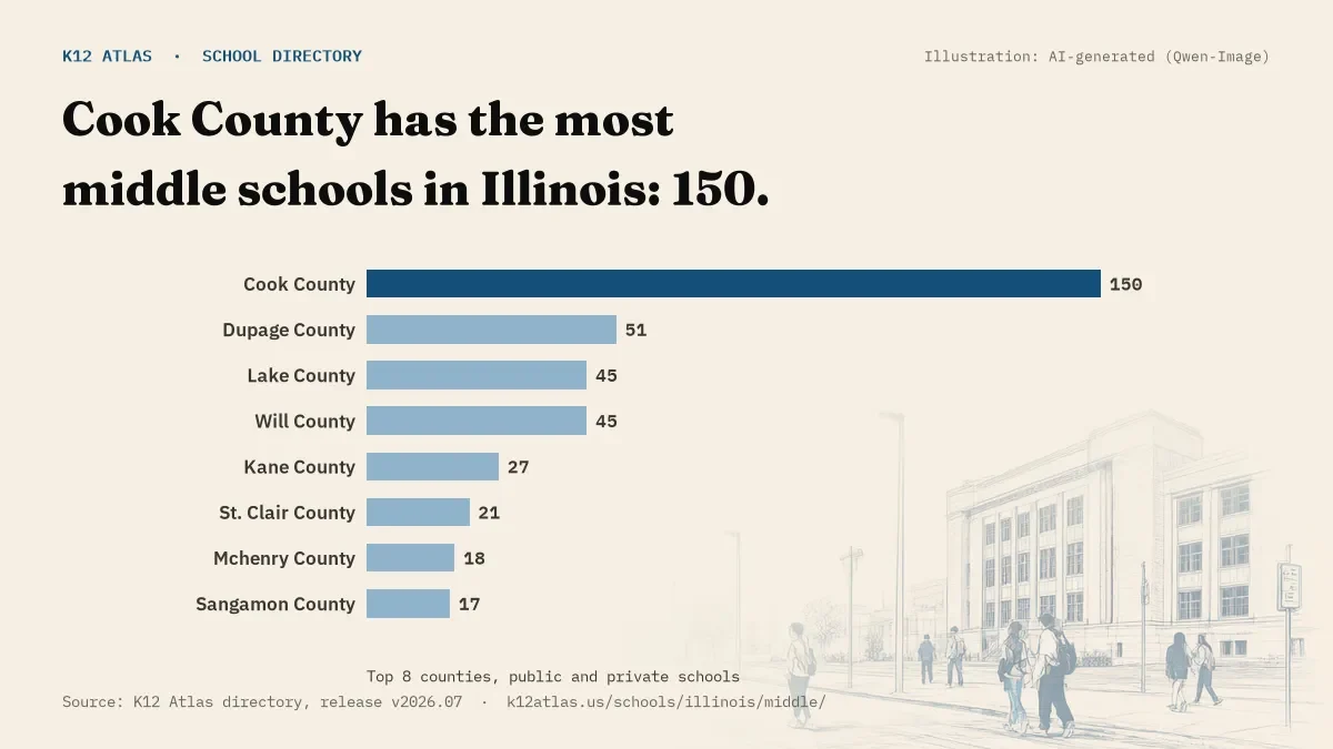 Bar chart of Illinois counties by number of middle schools: Cook County has the most, 150.