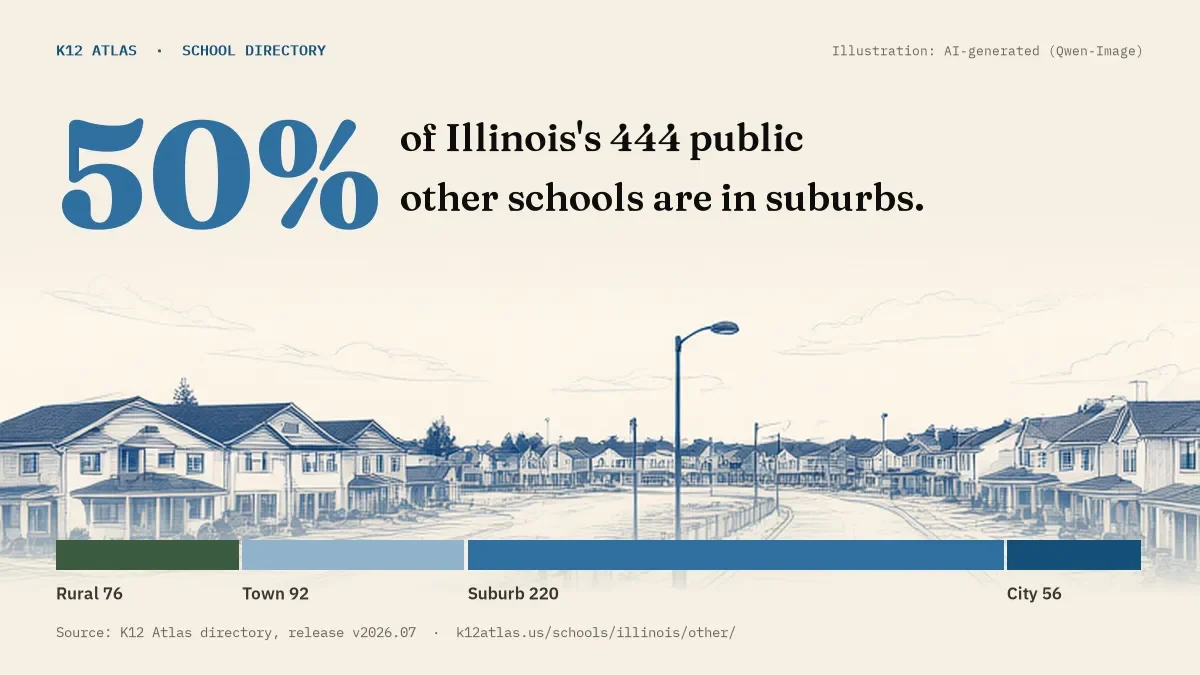 50% of Illinois's 444 public other schools are in suburbs (rural 76, town 92, suburb 220, city 56).