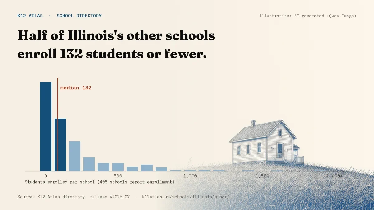 Histogram of enrollment: half of Illinois's other schools enroll 132 students or fewer (408 schools report enrollment).
