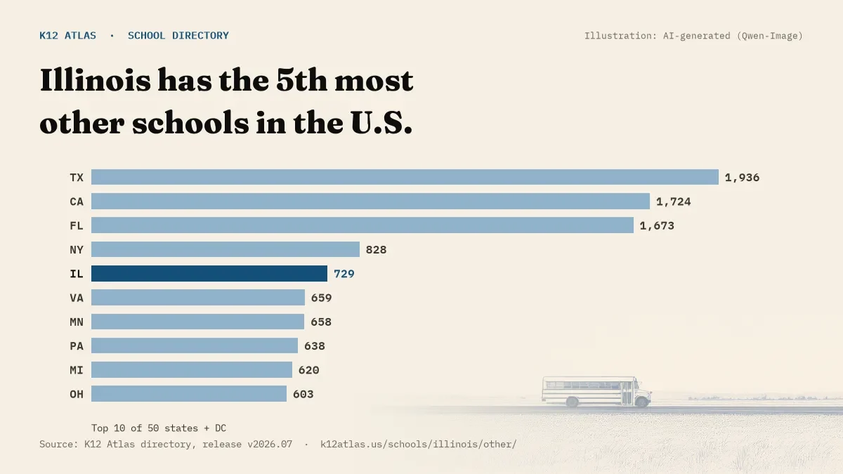 Bar chart of the states with the most other schools: Illinois has the 5th most of the 50 states and DC, with 729.