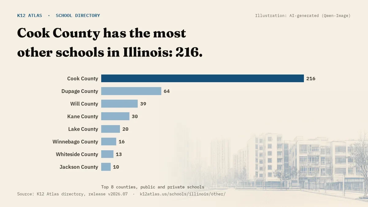 Bar chart of Illinois counties by number of other schools: Cook County has the most, 216.