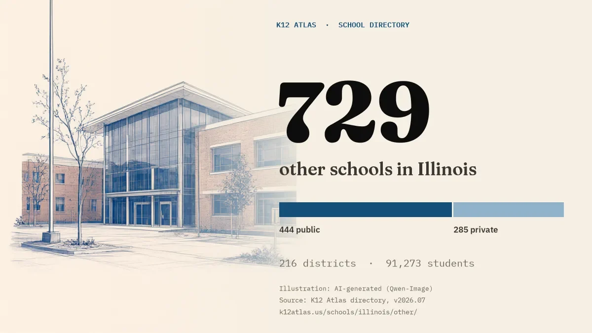 729 other schools in Illinois: 444 public and 285 private, across 216 districts with 91,273 students.