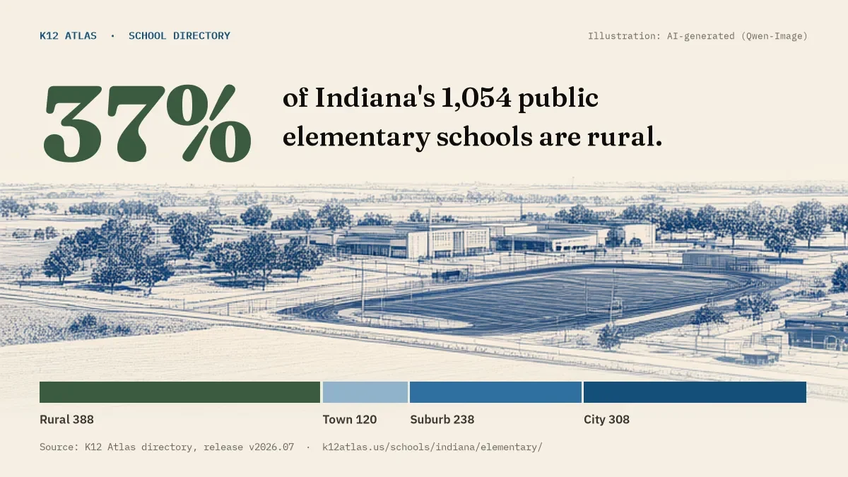 37% of Indiana's 1,054 public elementary schools are rural (rural 388, town 120, suburb 238, city 308).