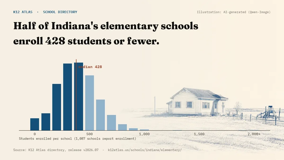 Histogram of enrollment: half of Indiana's elementary schools enroll 428 students or fewer (1,087 schools report enrollment).