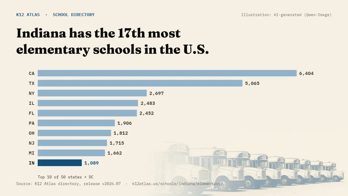 Bar chart of the states with the most elementary schools: Indiana has the 17th most of the 50 states and DC, with 1,089.