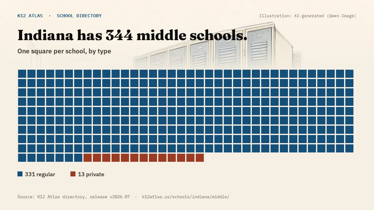 Waffle chart: Indiana has 344 middle schools, one square per school, coloured by type (Regular School 331, Private School 13).