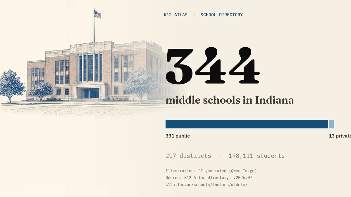 344 middle schools in Indiana: 331 public and 13 private, across 217 districts with 198,111 students.