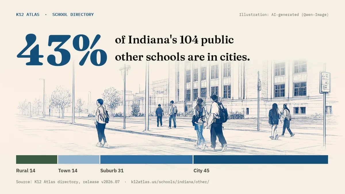 43% of Indiana's 104 public other schools are in cities (rural 14, town 14, suburb 31, city 45).